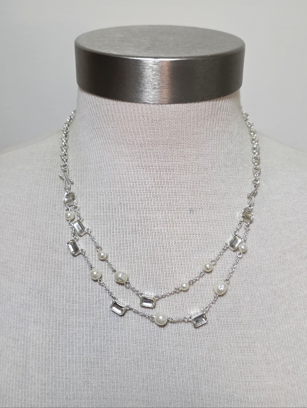 SAQ Layered Crystal And Faux Pearl Necklace 20"
